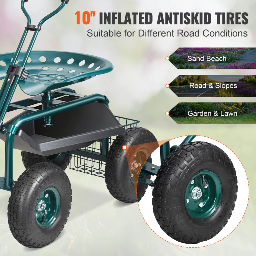BENTISM Garden Cart Rolling Workseat with 360 Degree Swivel Seat and Utility Tool Tray Y549476