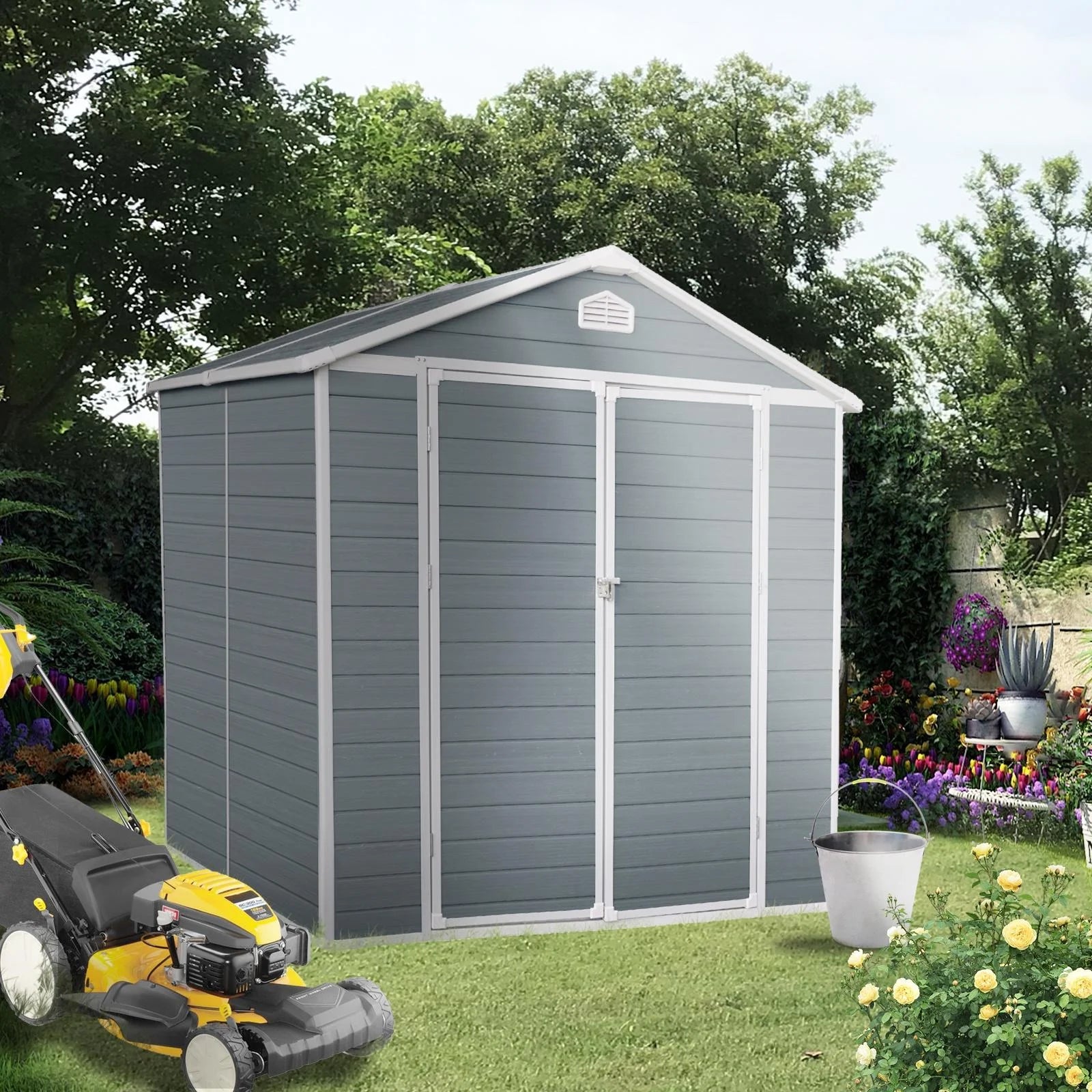 Outdoor Resin Storage Shed 8x6 ft with Lockable Door, Gray X86795