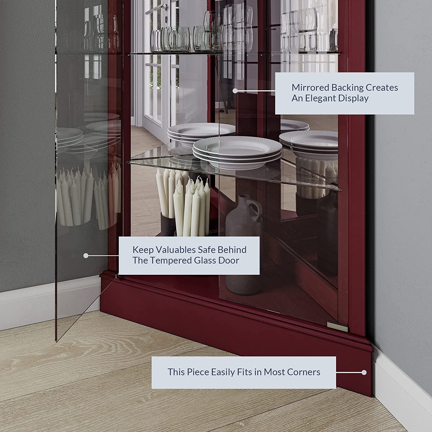Wooden Corner Curio Cabinet with Tempered Glass Door and 6 Shelves - Cherry K141601