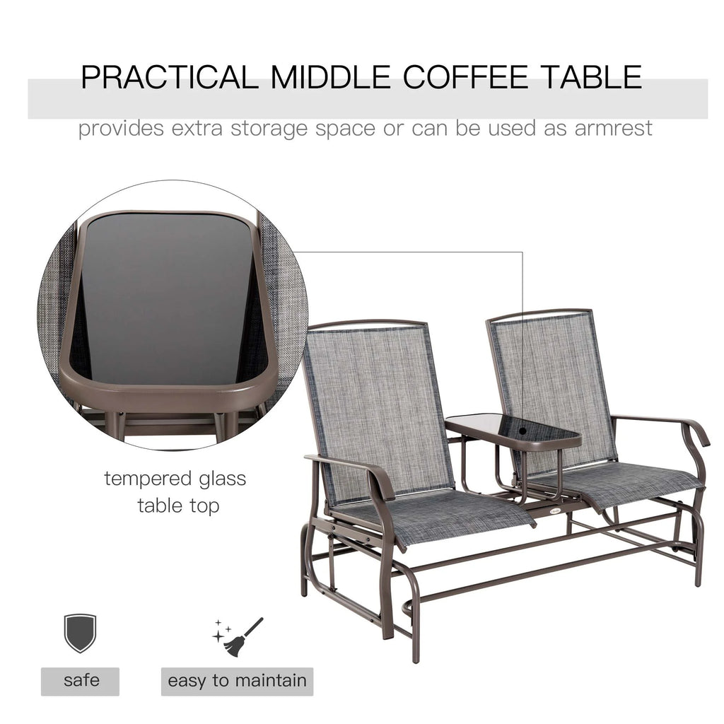 Outsunny Outdoor Glider Bench with Center Table, Metal Frame Patio Loveseat, Gray W632