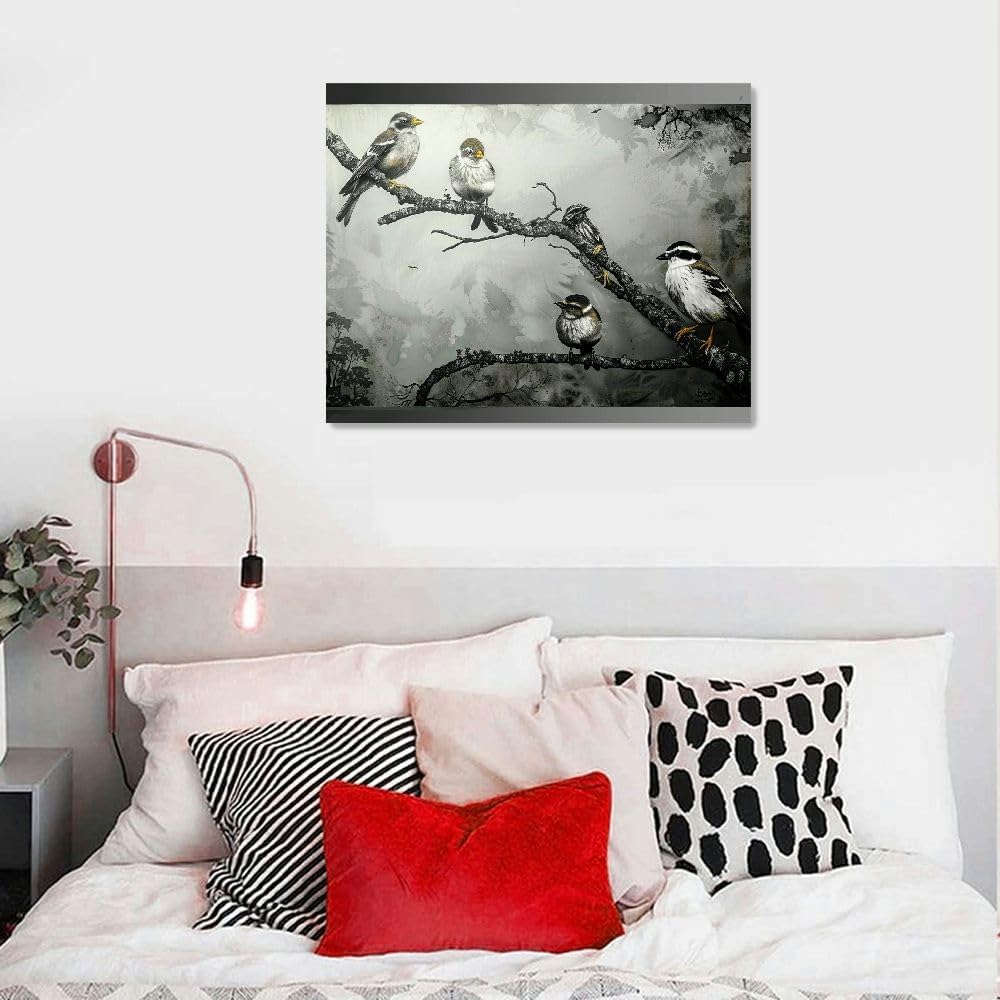 Bird Canvas Wall Art Black White Tree Print 20x16 a7