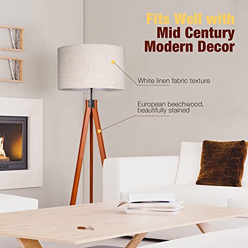 Wood Tripod Floor Lamp, 3 Color Temperatures, Flaxen Shade, E26 Base k7m