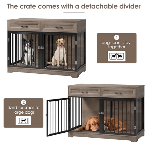 Wooden Dog Crate Furniture 47" with Removable Divider, Double Doors, White I17819