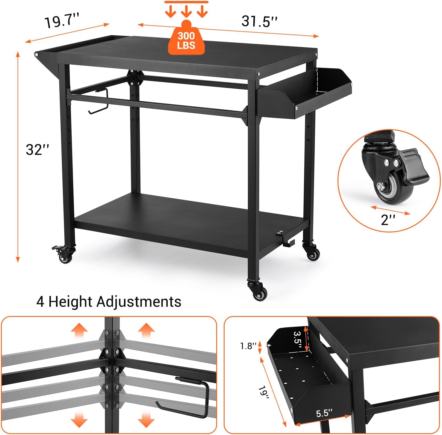 Outdoor Grill Cart with Lockable Wheels, Heavy Duty BBQ Prep Table, Black P68832
