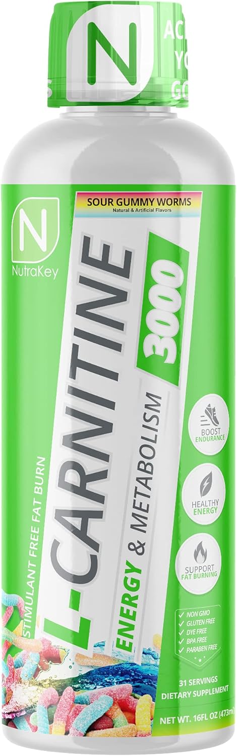NutraKey L-Carnitine 3000mg, No Sugar, Gluten Free, Turn Into Fuel, (Sour Gummy Worms) 31 Servings