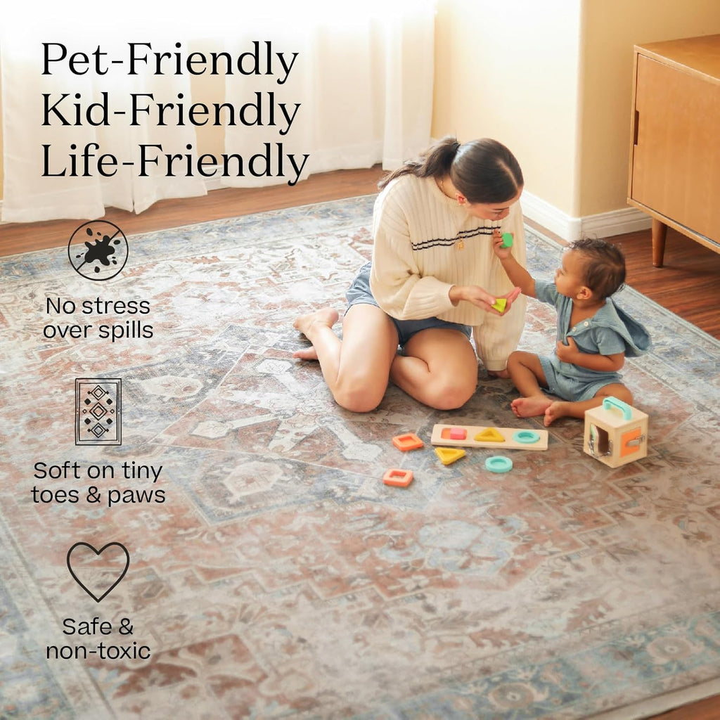 RUGGABLE Kamran Washable Area Rug 8x10 Blue Quartz C746