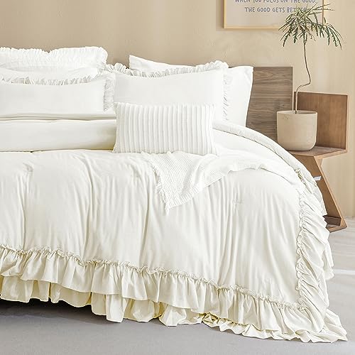 QSH Ruffled Comforter Set Queen 3pcs Taupe Boho Chic Bedding E17512