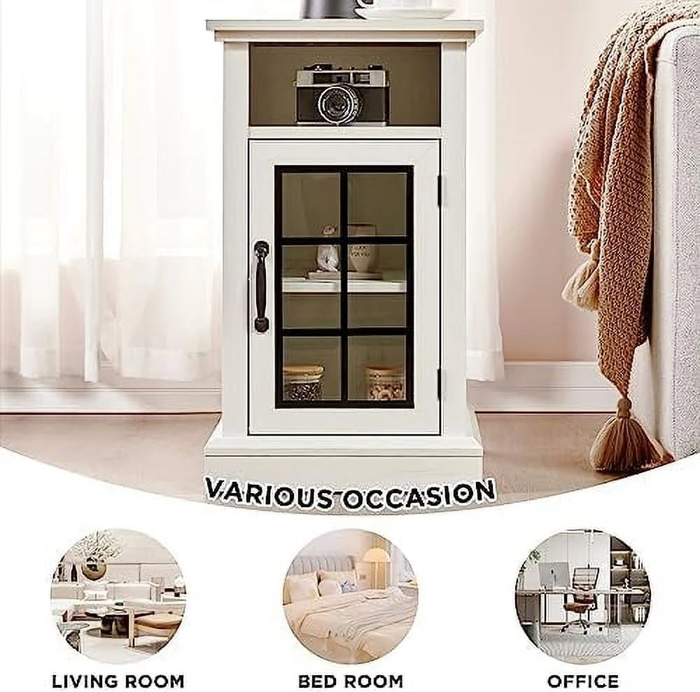 Set of 2 End Table with Charging Station and USB Ports, Glass Door, Distressed White L46911