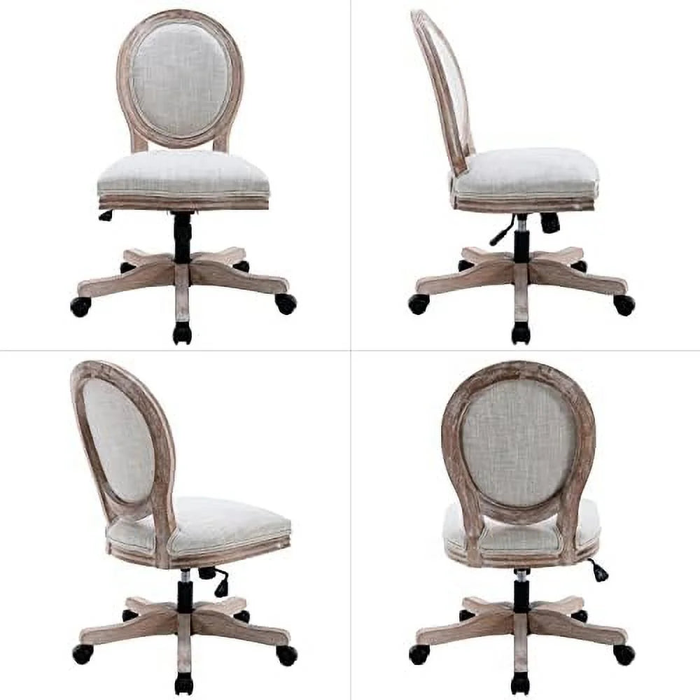 Rattan Back Linen Office Chair Adjustable Height Swivel Task Chair Beige P495325