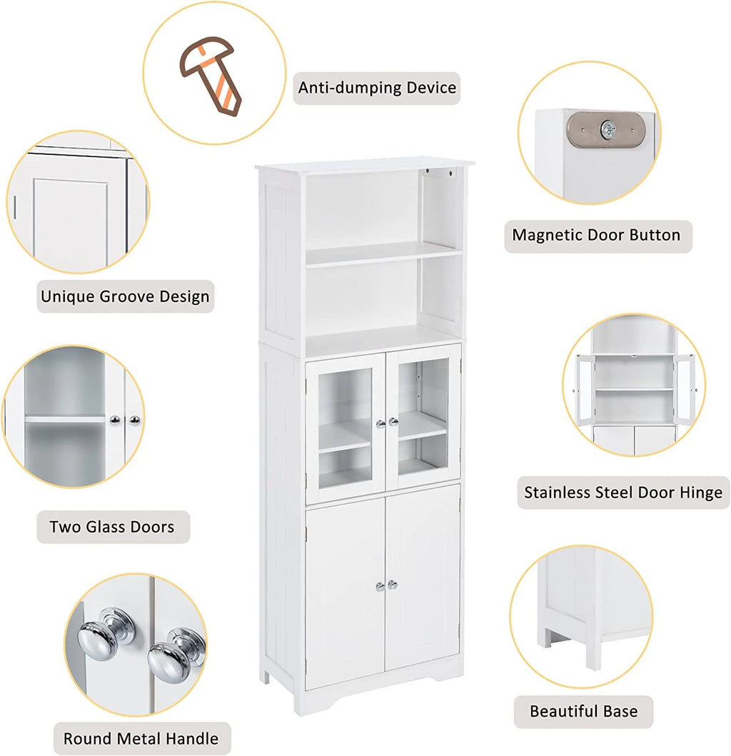 WANHUI White Storage Cabinet with Glass Doors and Adjustable Shelves D5774