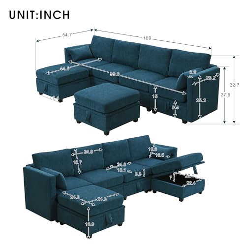 Harper & Bright Designs 109” 6-Seat U-Shaped Chenille Sectional Sofa with Storage, Grey F385