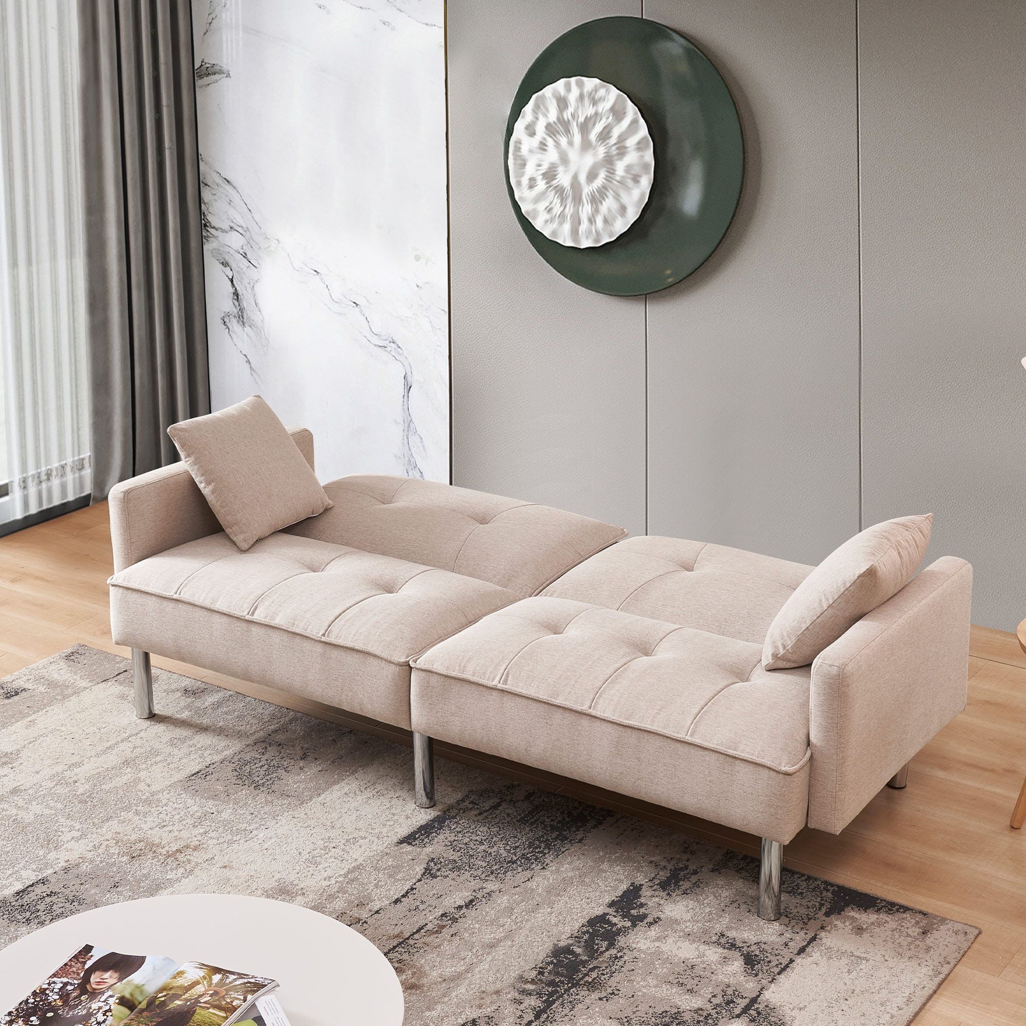 Moootto 84.6 in. Extra Long Tufted Beige Fabric Futon Sofa Bed P625