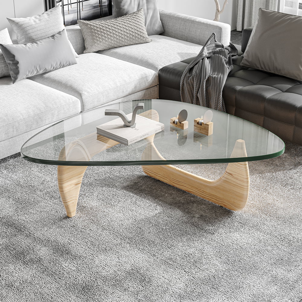 Mid Century Triangle Tempered Glass Coffee Table Solid Wooden Base 7k