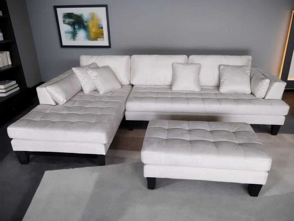 STENDMAR 3pc L-Shape Cream Microfiber Sectional Sofa with Ottoman G2499