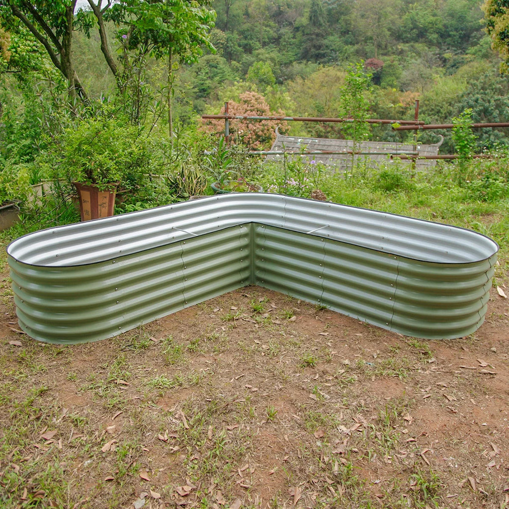 VEGEGA 17" Tall L-Shaped Modular Corrugated Metal Raised Garden Bed - Green C170843