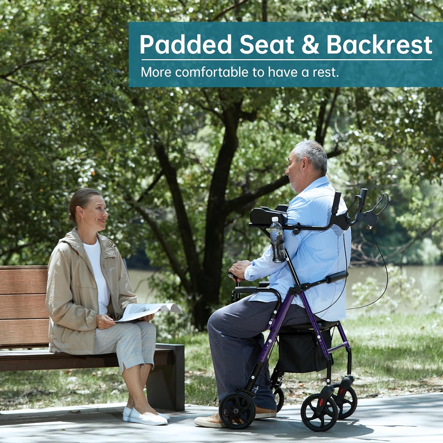 Upright Walker with Padded Seat and Backrest, Compact Folding Frame for Seniors k7p