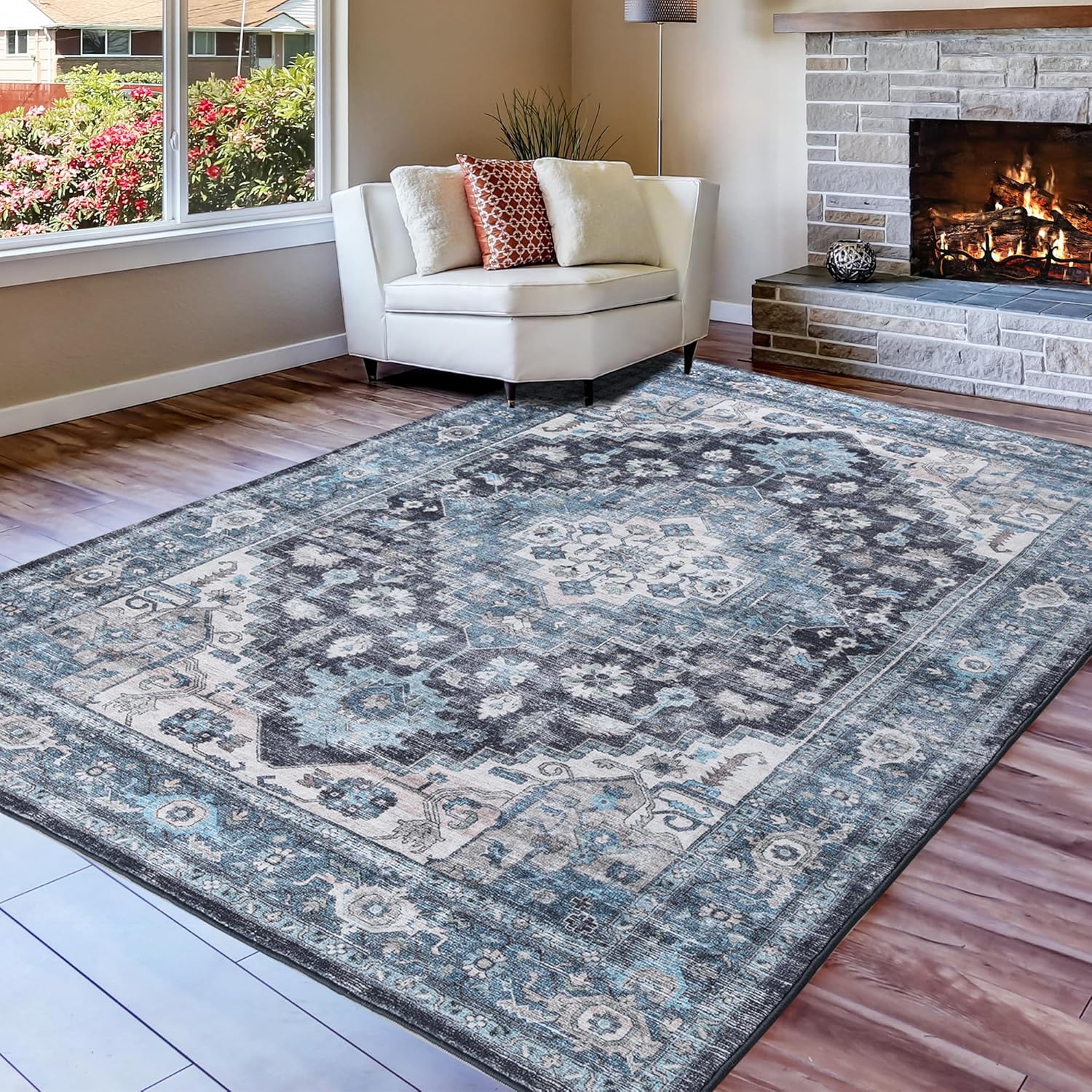 Vintage Blue 8x10 Non Slip Washable Area Rug for Living Room C5928