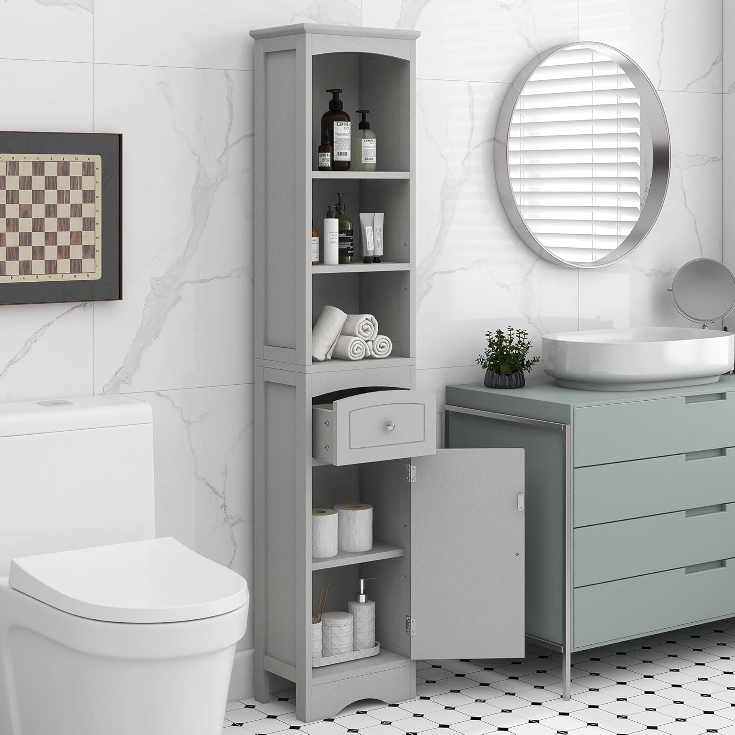 Tall Slim Bathroom Storage, Narrow Freestanding Floor Cabinets Tower w/ 3-Tier Adjustable Shelf and 1 Drawer for Home, Kitchen, Living Room, Anti-Tipping, 13.4" L x 9.1''W x 66.9''H, Grey