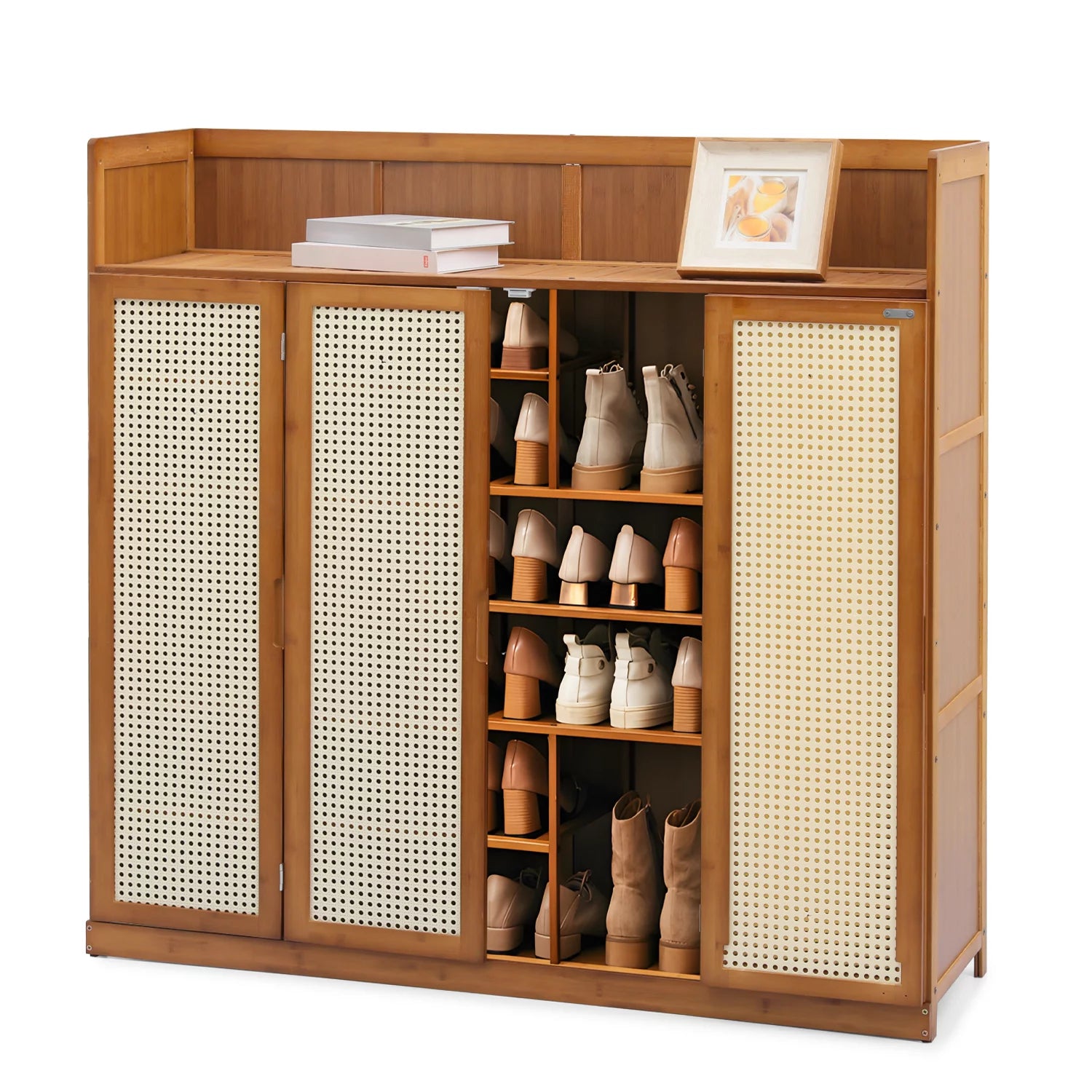Magshion Bamboo 30 Pairs Shoe Cabinet, 7-Tier Entryway Shoe Storage Cabinet with Folding Rattan Doors and Boots Compartments, Shoe Rack Organizer For Hallway Living Room, Brown
