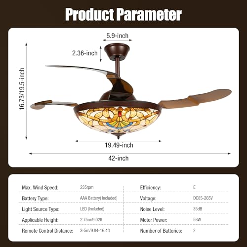 42 Inch Tiffany Style Stained Glass Ceiling Fan with Light and Remote Control A90632