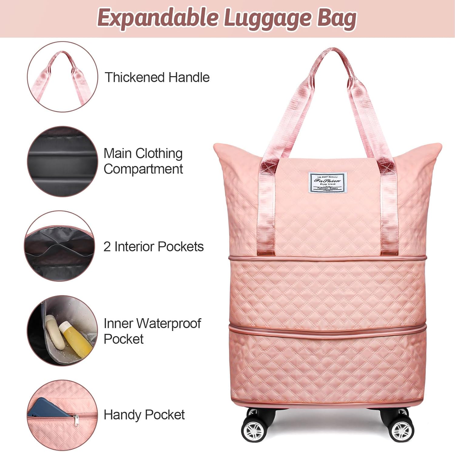 Rolling Duffle Bag with Wheels, Expandable Travel Luggage, Foldable Carry On, Large Pink a7