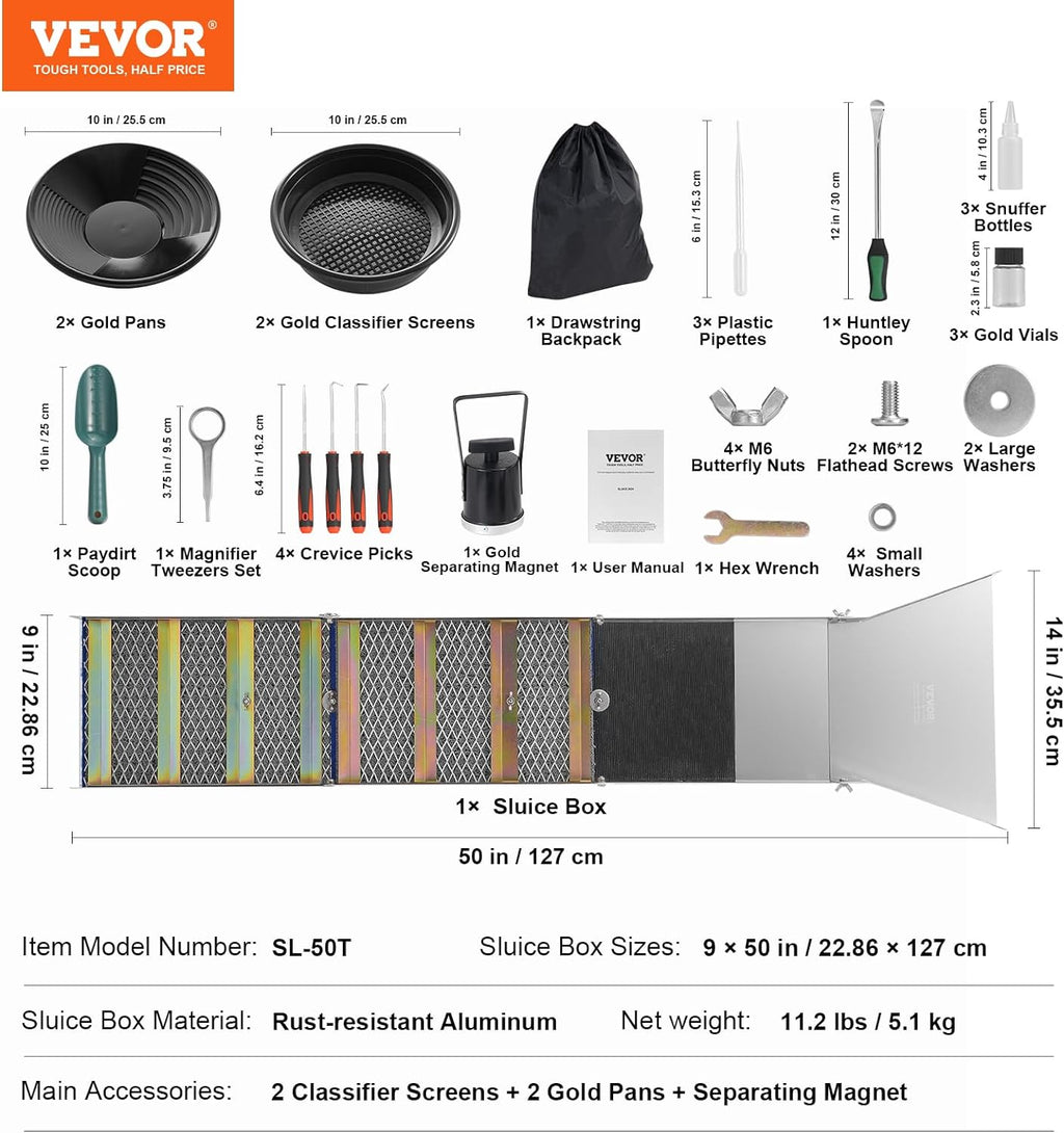 VEVOR 50 Inch Folding Sluice Box Gold Panning Kit with Backpack S9340