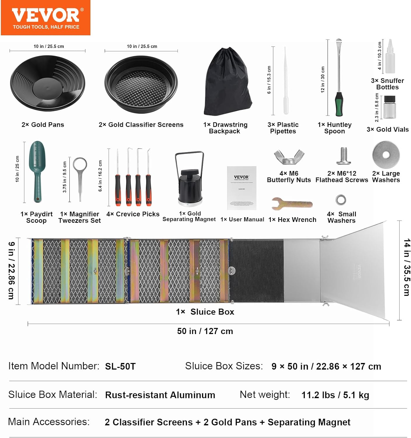VEVOR 50 Inch Folding Sluice Box Gold Panning Kit with Backpack S9340