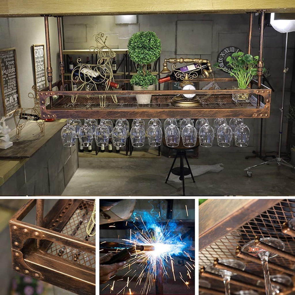 Hanging Wine Glass Rack, Industrial Vintage Metal Wall-Mounted, Bronze, 60x35cm Y4857