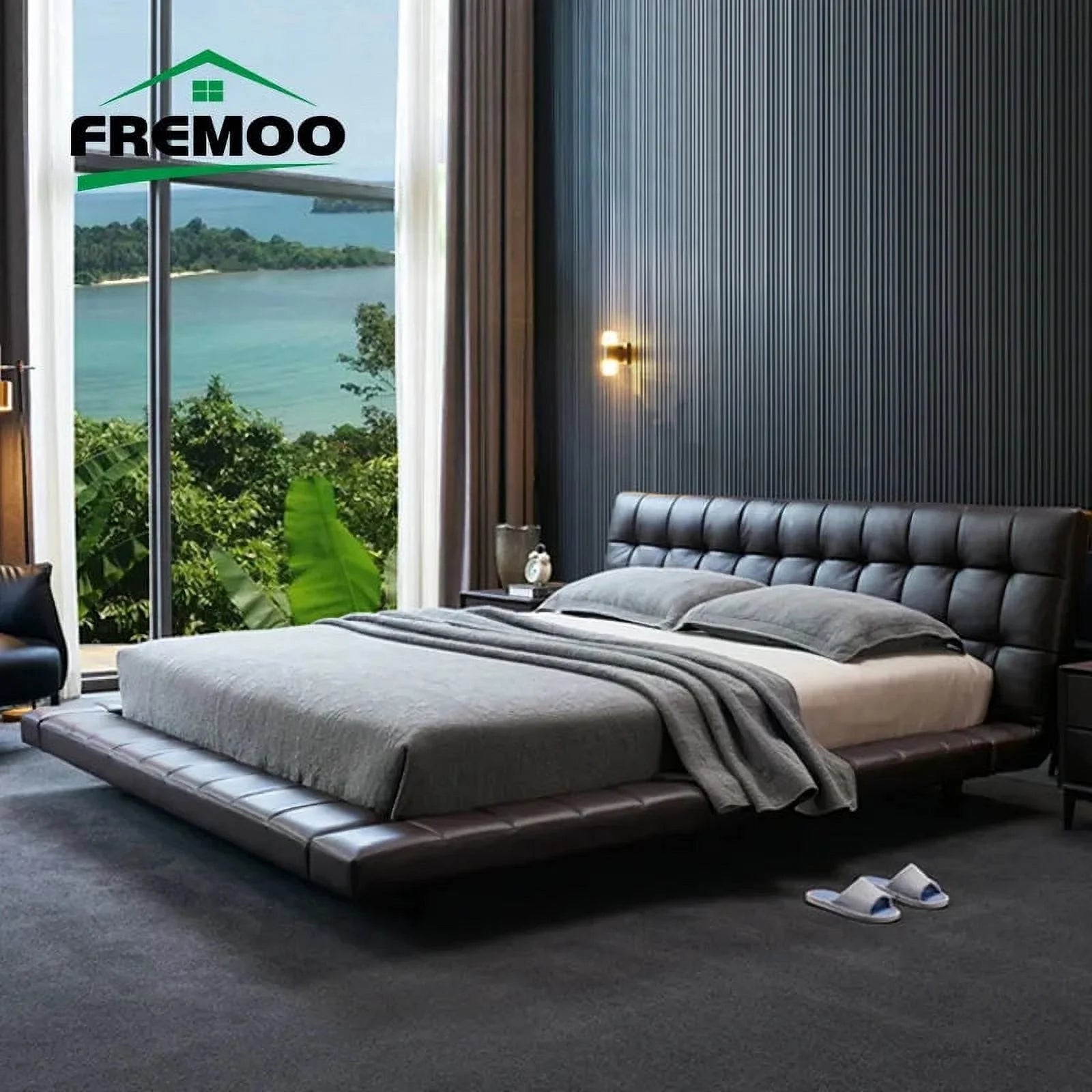 Nordic CAMA Modern King Size Bed Frame Black Leather Wooden H746