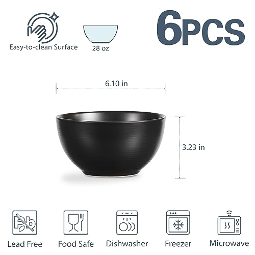 ONEMORE Cereal Bowls Set of 6, 28 oz Ceramic, Black W39410