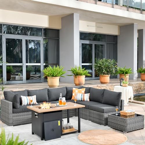ovios 9 Piece Outdoor Wicker Patio Furniture Set with 50" Fire Table,PE Rattan Conversation Set with Swivel Chair, Sectional Sofa for Outside Balcony Backyard