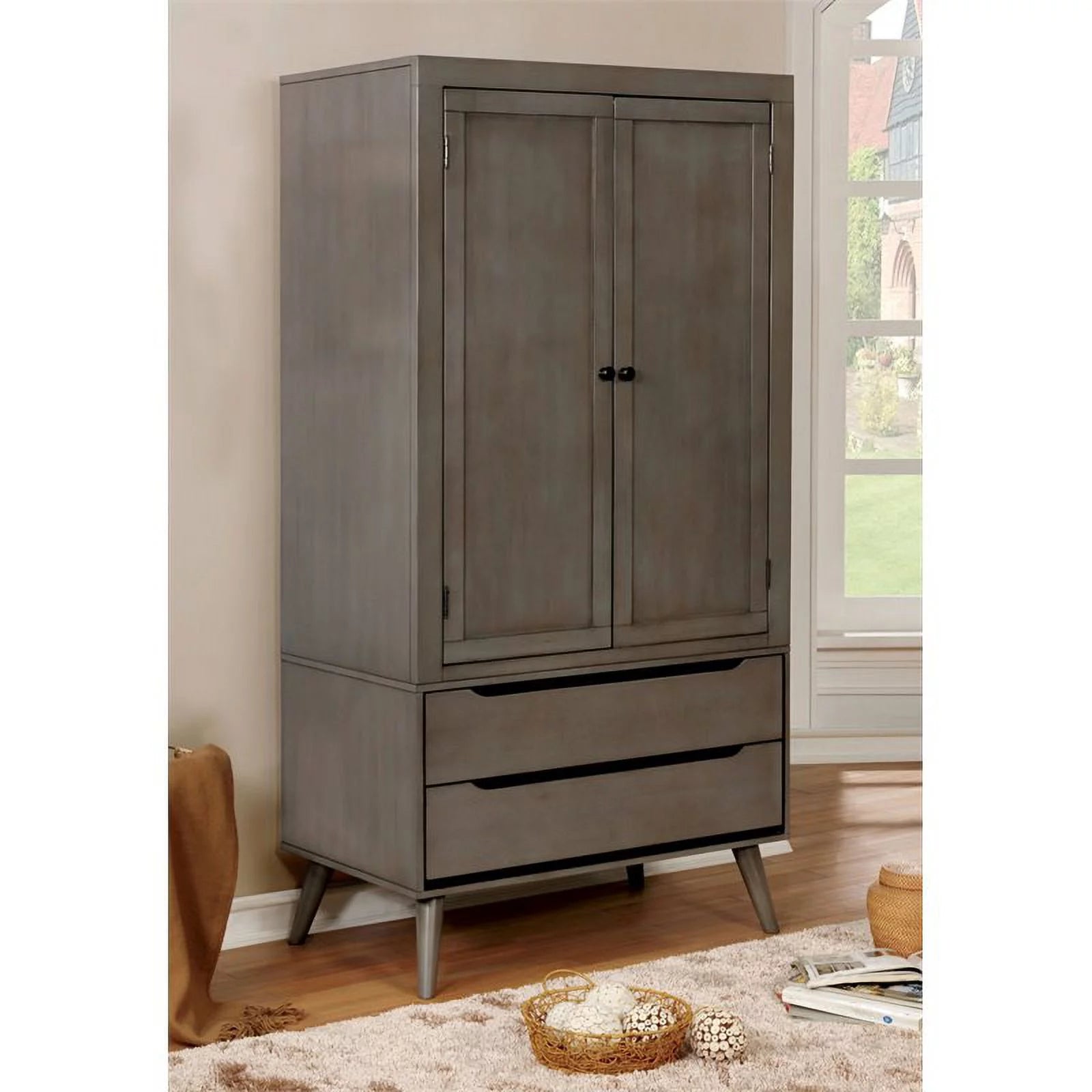 Furniture of America Belkor Mid-Century Modern Solid Wood Armoire Gray Q465