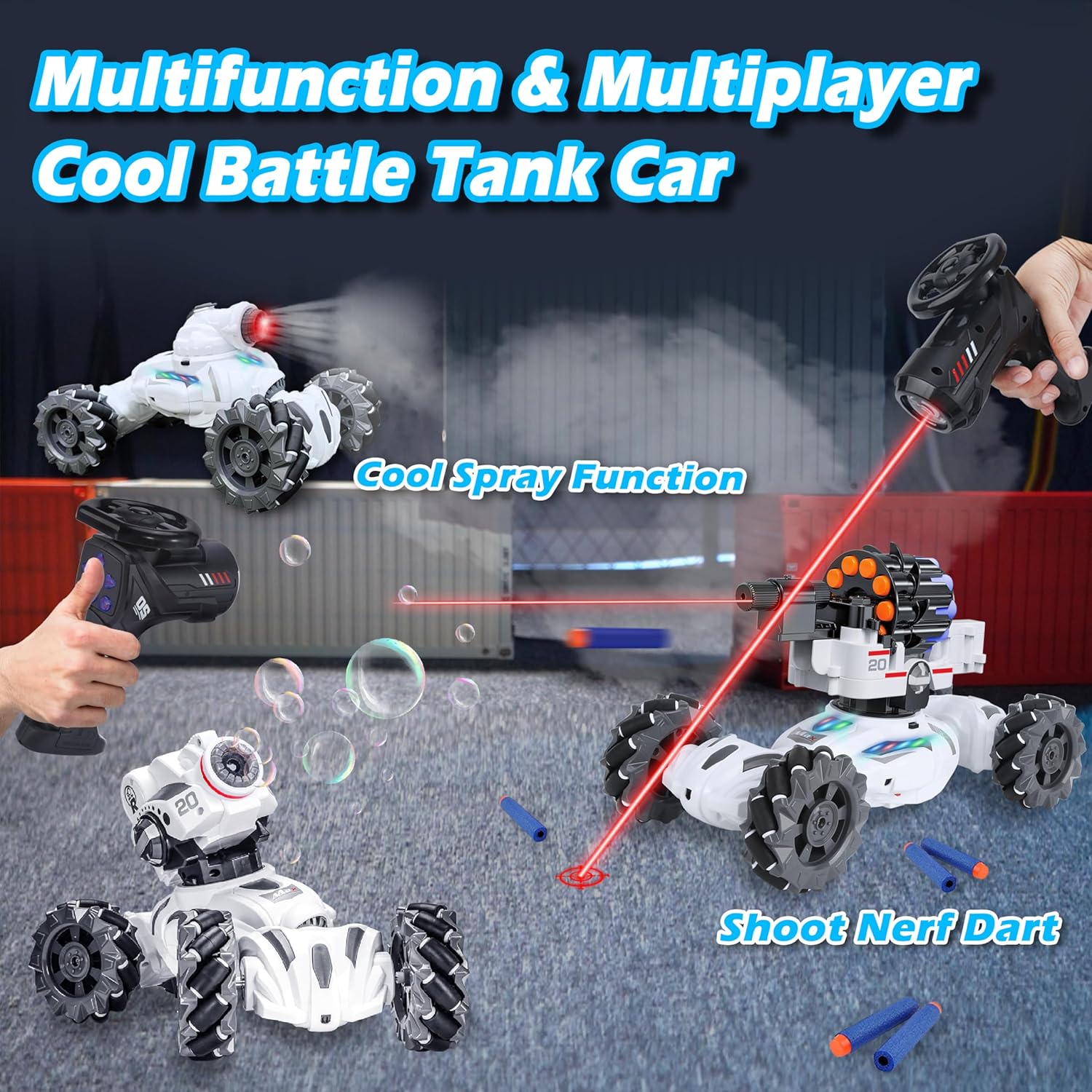 4 Head RC Tank Car Shoots Nerf Bullets, Bubble, Spray, Remote Control Toy for Boys R10009