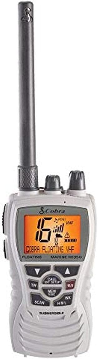 Cobra MR HH350W FLT Handheld Floating VHF Radio – 6 Watt, Submersible, Noise Cancelling Mic, Backlit LCD Display, NOAA Weather, Memory Scan, White k7