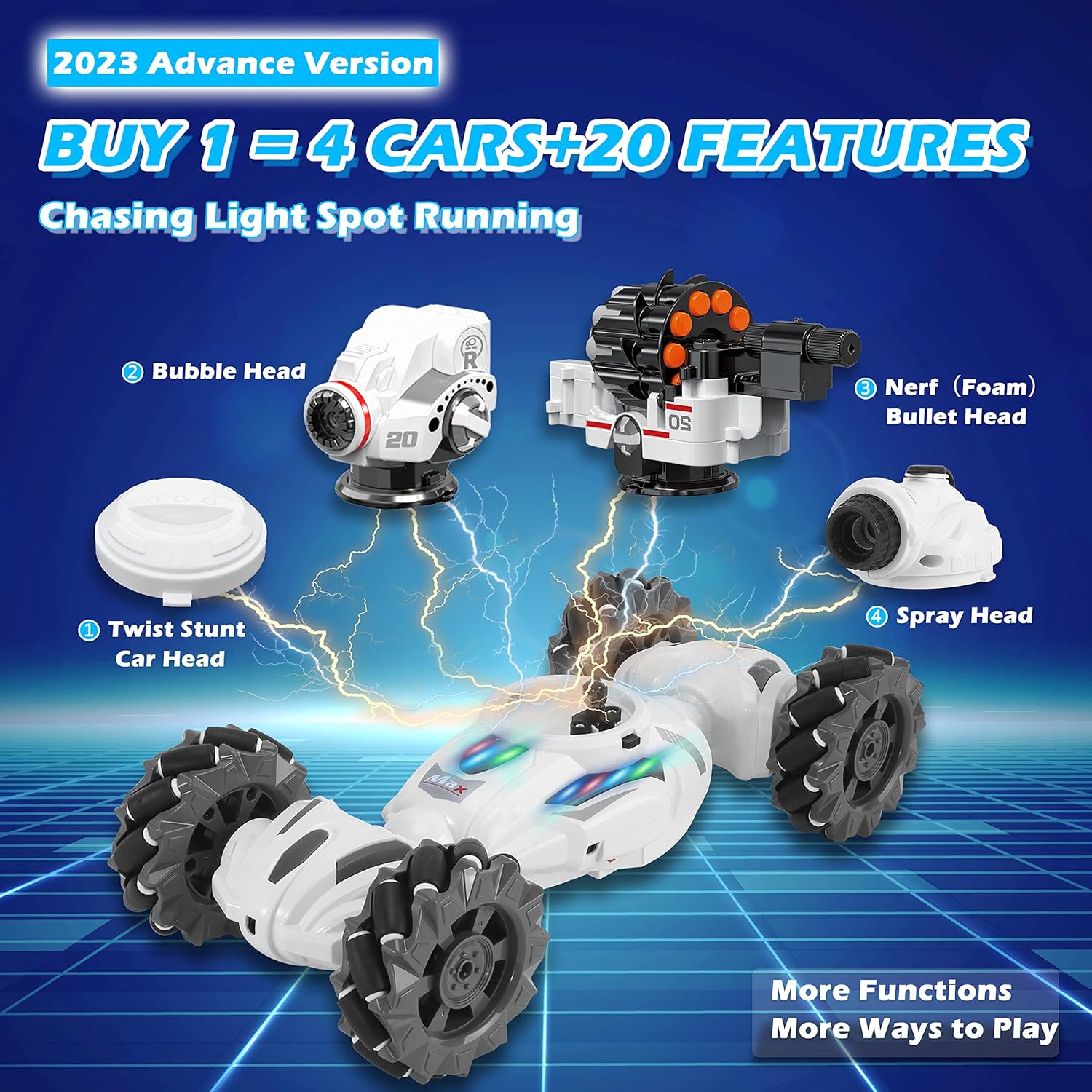4 Head RC Tank Car Shoots Nerf Bullets, Bubble, Spray, Remote Control Toy for Boys R10009