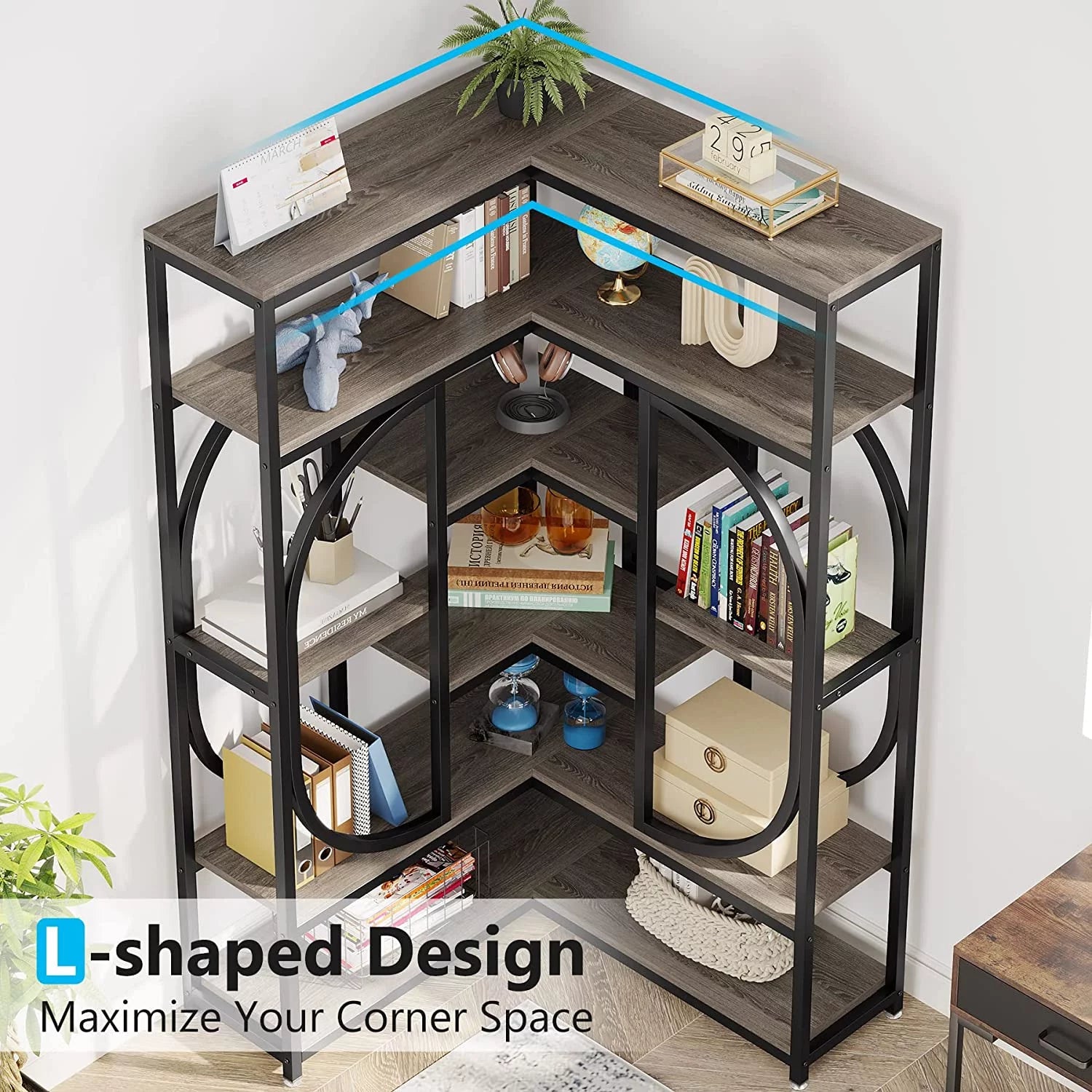Tribesigns 7-Shelf Corner Bookshelf, L-Shaped Modern Bookcase with Storage Y42421