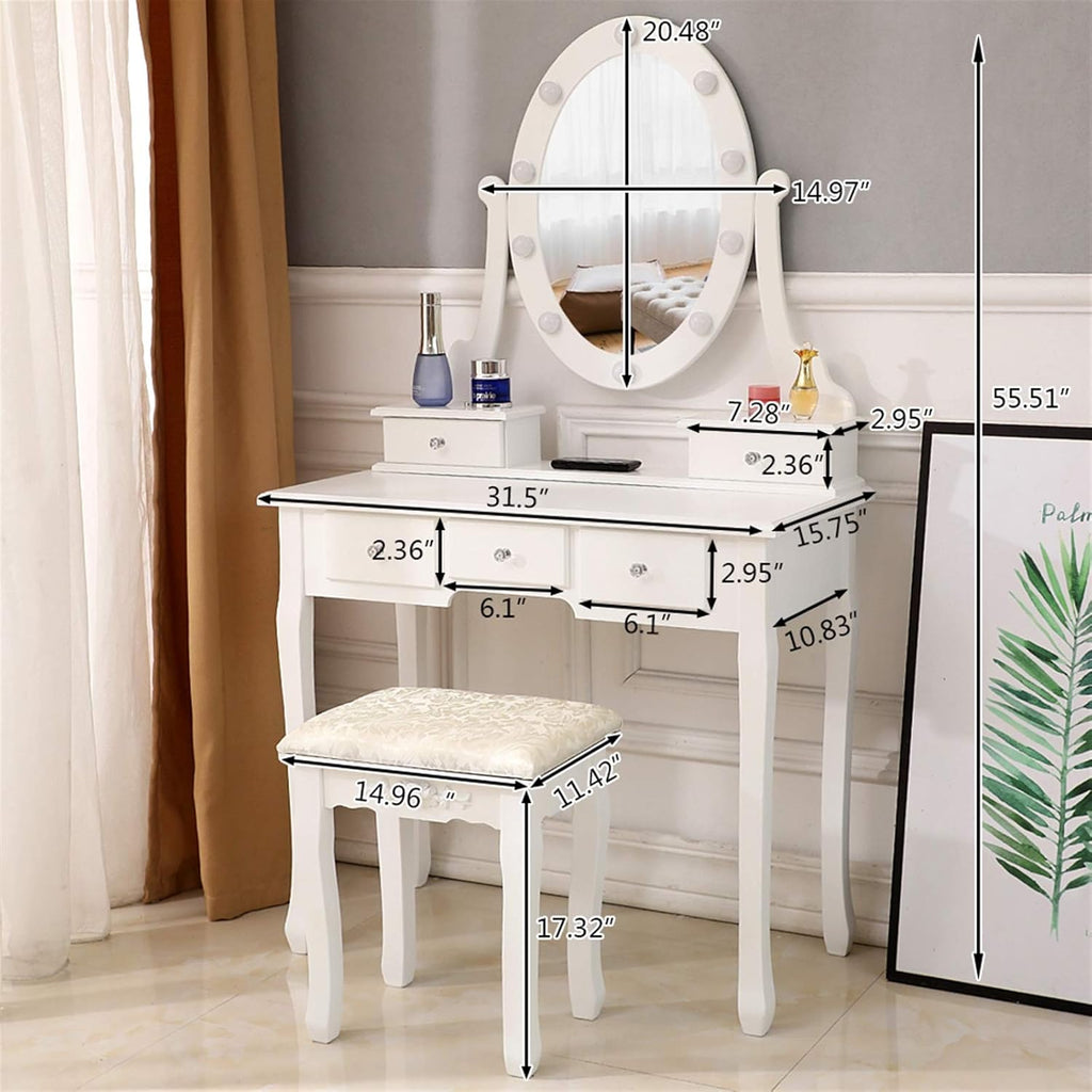 White Lighted Makeup Vanity Set with Rotating Mirror and Cushioned Stool Y385384