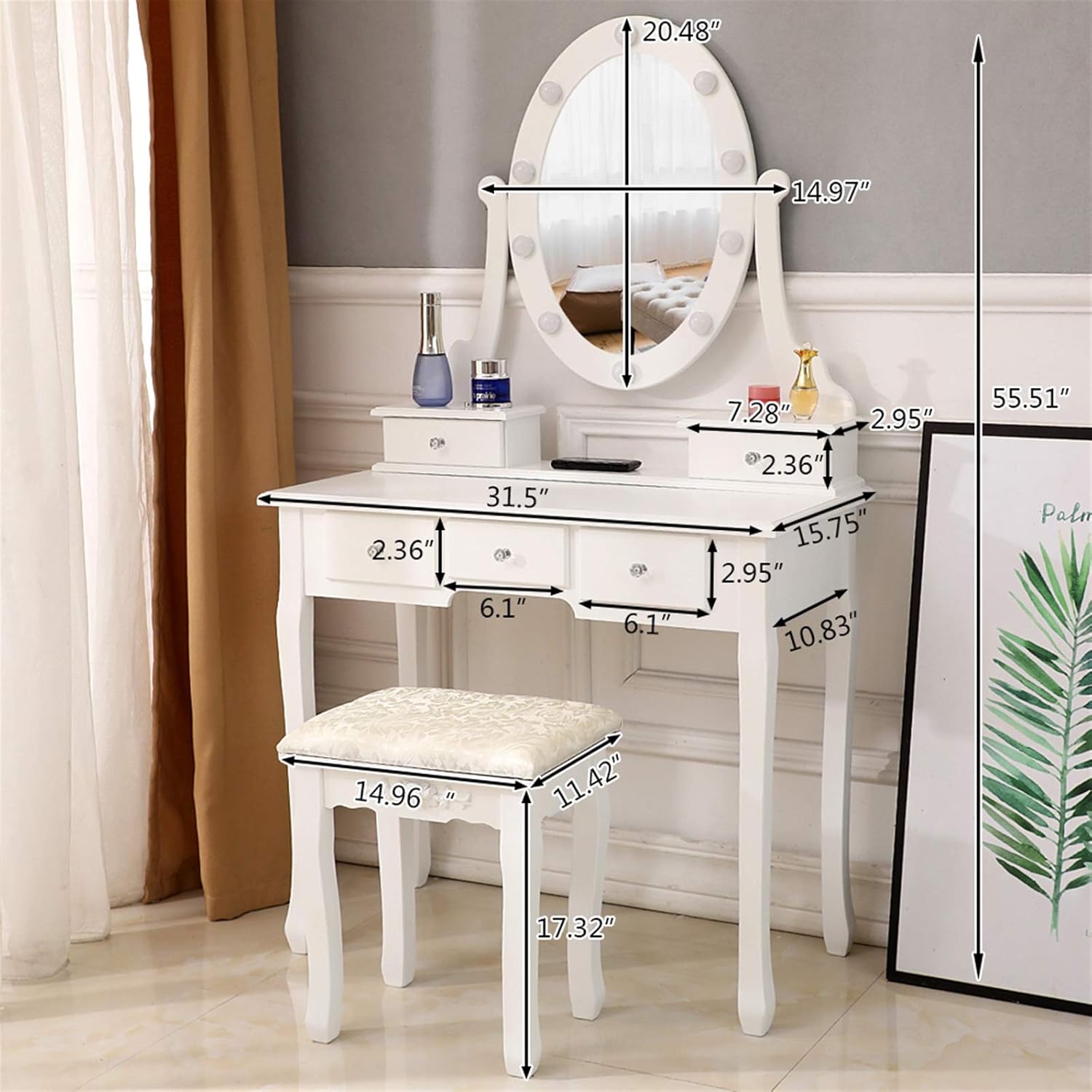 White Lighted Makeup Vanity Set with Rotating Mirror and Cushioned Stool Y385384