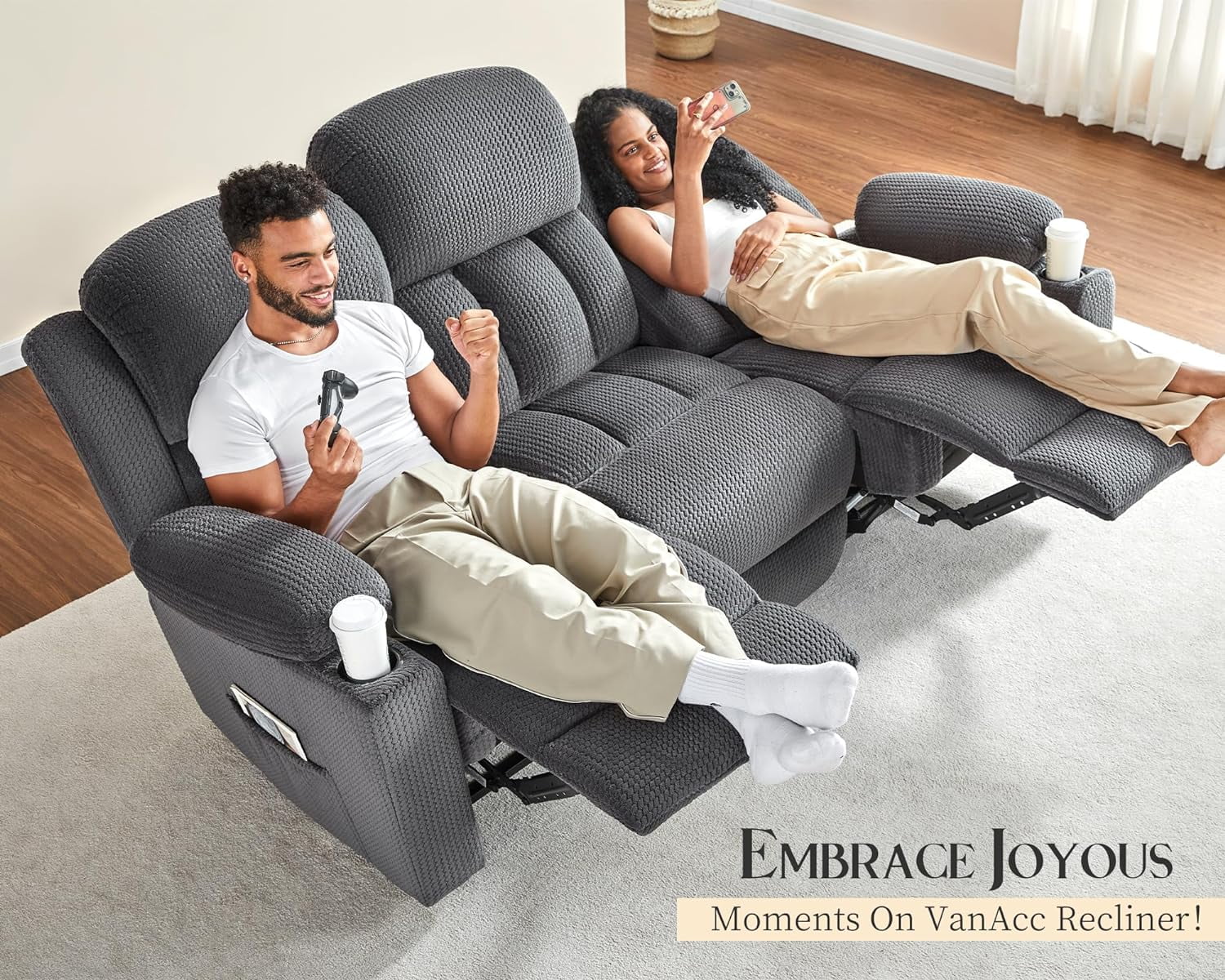 AMERLIFE Recliner Couch 3 Seater Sofa with Cup Holders, Grey D17178