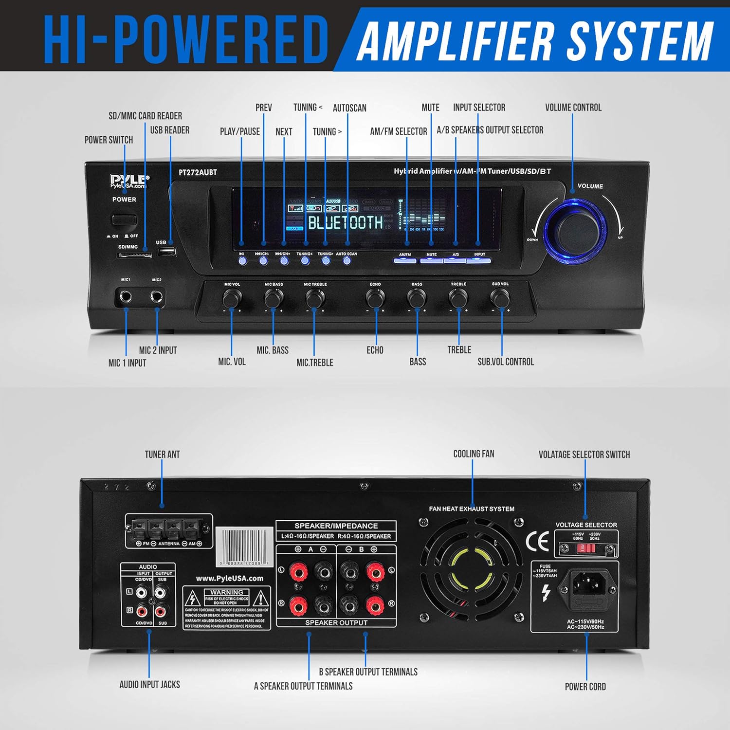 Wireless Bluetooth 4-Channel Home Theater Amplifier 300W k7