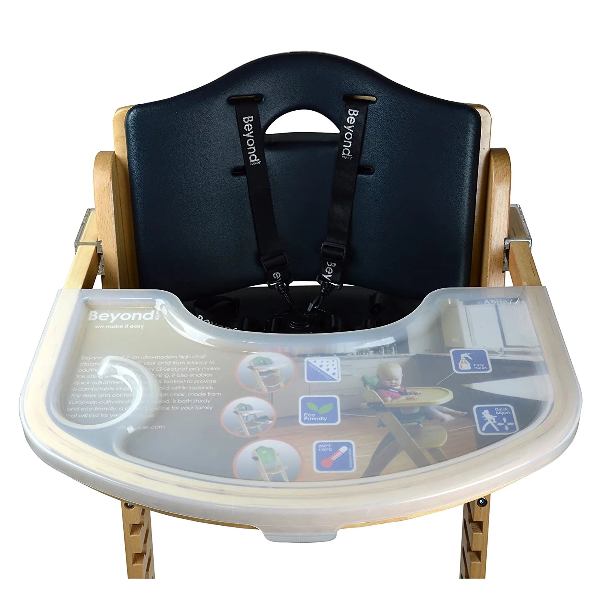 Abiie Beyond Wooden High Chair with Tray, Adjustable Baby Highchair, Natural Wood Black Cushion E283528