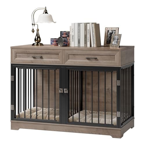 Wooden Dog Crate Furniture 47" with Removable Divider, Double Doors, White I17819