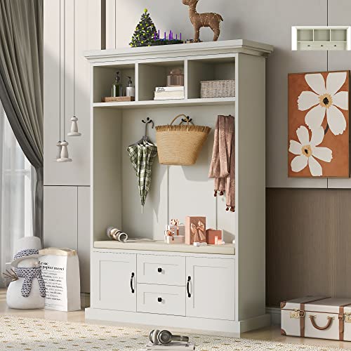 Hall Tree Coat Hanger with Storage Bench, Beige G7700