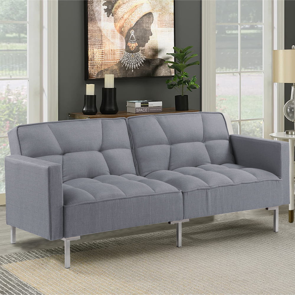 Gray Futon Sofa Bed with 2 Pillows and Metal Legs J375995