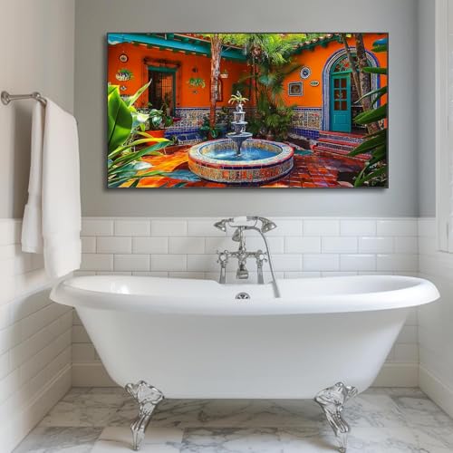 Colorful Mexican Village Canvas Wall Art Gold Frame 36x20 in a7