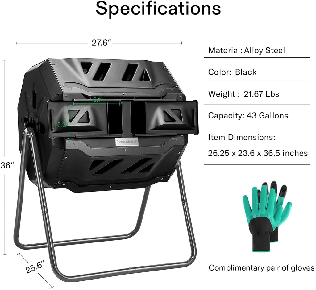 VIVOSUN Dual Rotating Tumbling Composter 43 Gallon Black O946846