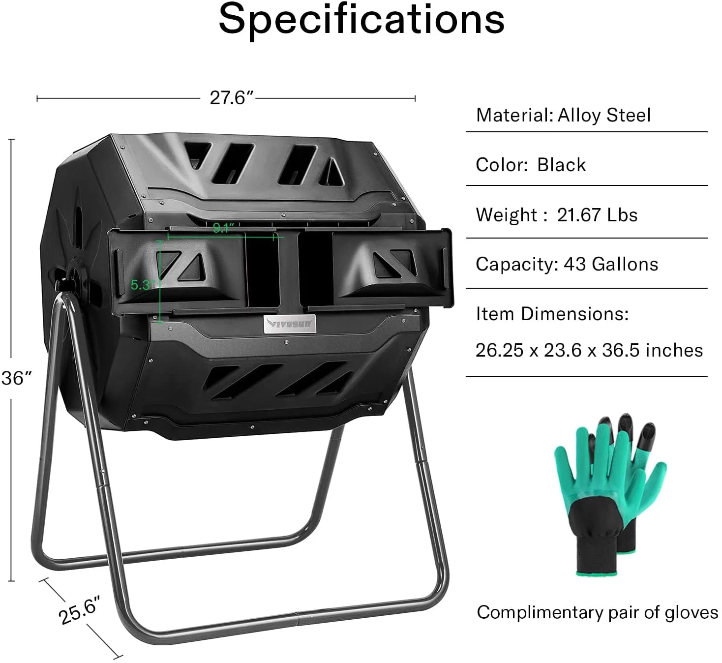 VIVOSUN Dual Rotating Tumbling Composter 43 Gallon Black O946846