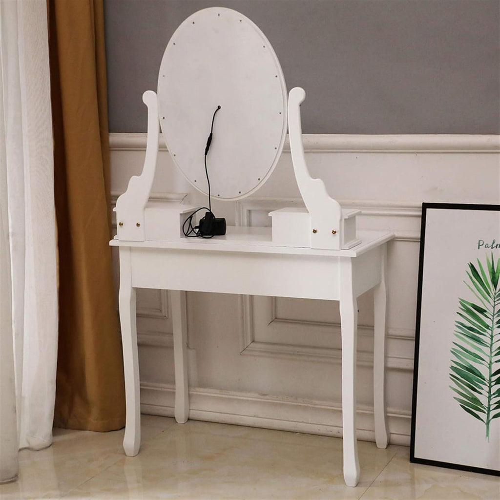 White Lighted Makeup Vanity Set with Rotating Mirror and Cushioned Stool Y385384