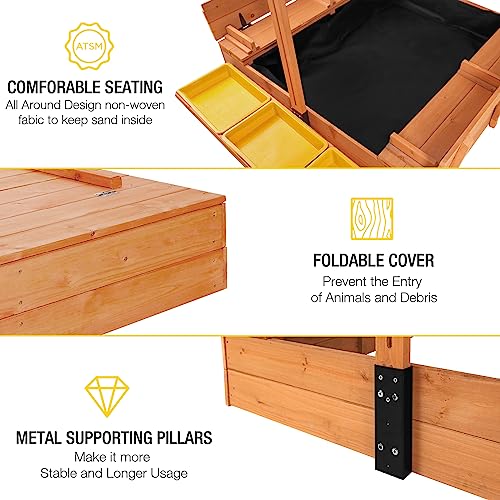 Kids Sandbox with Canopy and Foldable Bench Seats Outdoor Wooden Playset q7m
