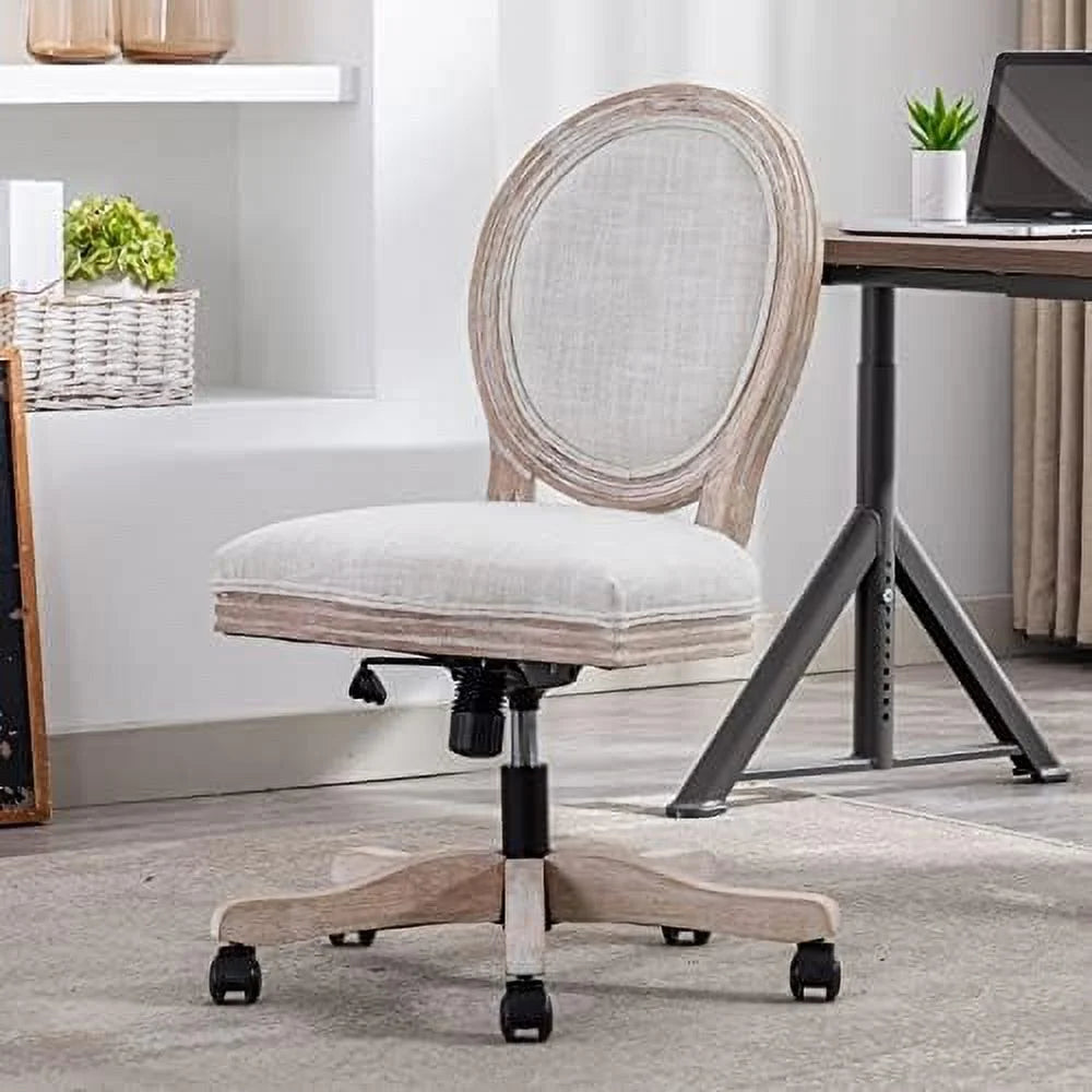 Rattan Back Linen Office Chair  Adjustable Height Swivel Task Chair with Wood Frame Armless Desk Chair with Wheels Upholstered Round Back Vanity Chair for  Office Study Room  Beige
